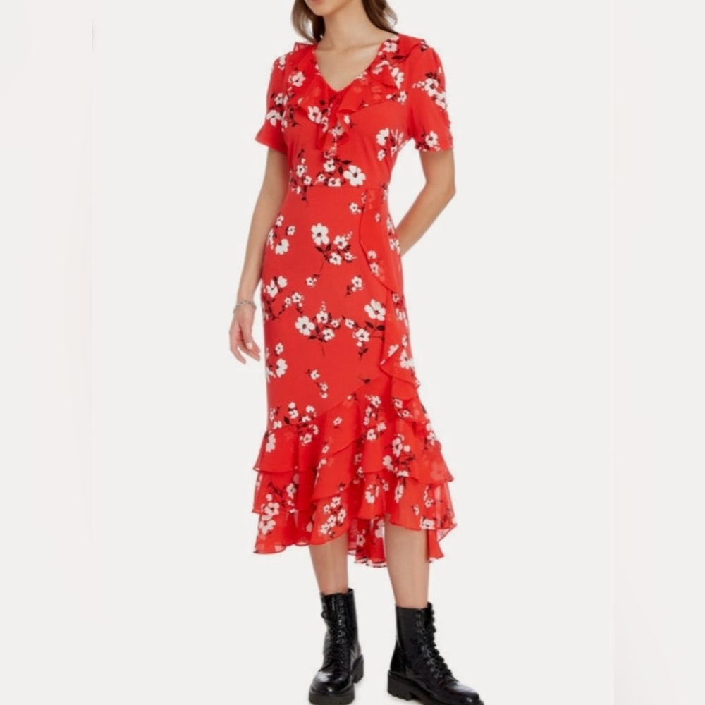 NWOT Karl Lagerfeld Ruffled Floral Midi Dress - Picture 2 of 7